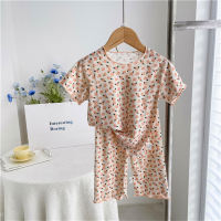 Girls home clothes lace suit baby ice silk small floral summer clothes children's short-sleeved three-quarter pants pajamas air-conditioned clothes  Khaki