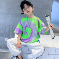 Summer new boys cotton fashion short-sleeved medium and large trendy children's cool printing one-piece outer wear round neck top  Green