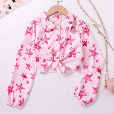 Camisa infantil grande estampa estrela manga comprida rosa camisa feminina
