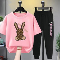 Girls Rabbit Print Casual Suit Big Kids Sports Cuffed Trousers  Pink