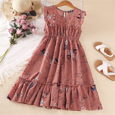 Sommerliches ärmelloses Kleid im neuen Stil für ältere Mädchen, modischer und süßer A-Linien-Rock mit Blumendruck für Kinder