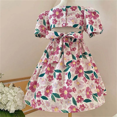 Summer new girls' dress, small and medium-sized children's princess dress, small floral short-sleeved backless dress, pastoral style children's dress