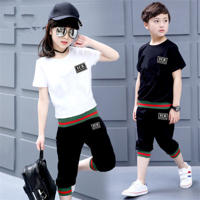 Children's clothing boys' sportswear short-sleeved cropped pants girls' casual two-piece set threaded splicing