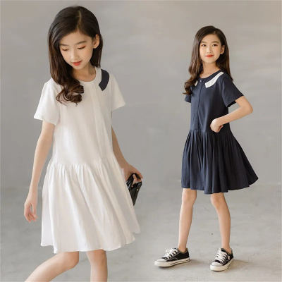 Vestido camiseta de manga curta para meninas de algodão puro verão nova cor sólida estilo coreano vestido casual de comprimento médio para crianças de meia-idade e mais velhas