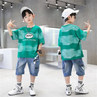 Boys' trendy summer suits 2024 new short-sleeved jeans fashionable and handsome smudge-dyed two-piece suits for middle and large children  Green