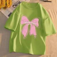 Girls summer new Korean version of sweet and fashionable butterfly print casual children's casual short-sleeved T-shirt for middle and large children  Green