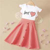 Girls' new dress summer short-sleeved lettered medium-sized children's girl's style plaid splicing princess dress  red plaid