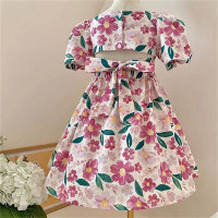 Summer new girls' dress, small and medium-sized children's princess dress, small floral short-sleeved backless dress, pastoral style children's dress  Pink