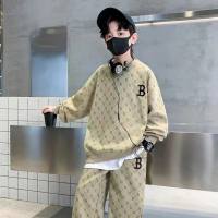 Boys autumn sports suits for middle and older children, stylish and handsome round-neck sweatshirts and sweatpants, Korean style two-piece suits  Khaki