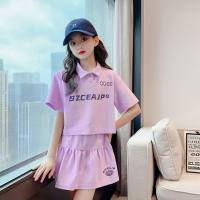 Girls summer polo shirt suits for middle and older children, fashionable and stylish lapel T-shirts and skirts, two-piece suits  Light Purple