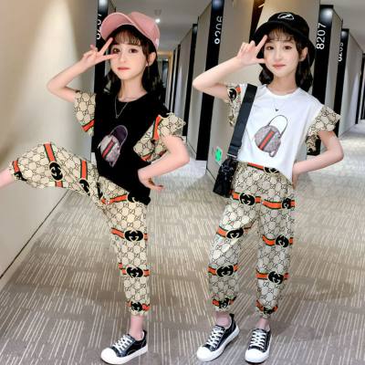 Girls' short-sleeved sports suit Xia Xinzhong big children's fashionable trendy street hip-hop two-piece set