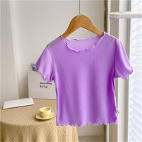 Korean version of girls summer candy color T-shirts for small and medium-sized children, ice silk lace short sleeves, versatile sisters, wooden ear edge tops  Purple
