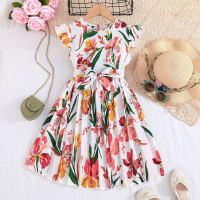 New summer girls' flower print cute casual dress + belt two-piece set  White