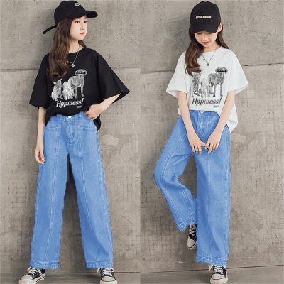 Mädchen süßes Muster Sommer 2024 Anzug T-Shirt Kinder Mädchen modische gerade Jeans Mode zweiteiliges Set