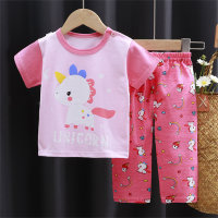 Girls Summer Air Conditioned Clothes Short Sleeves Long Pants Combo 2 Piece Set  Pink