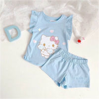 Mädchen Pyjama Set Baby Dünne Disney Cartoon Klimaanlage Hause Kleidung Kurzarm Zwei-stück Set  Hellblau