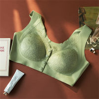 Spring and summer lace breathable thin mother bra fixed cup without steel ring front opening comfortable  Green