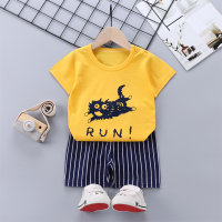 Boys short-sleeved suit pure cotton summer T-shirt home wear suit  Yellow
