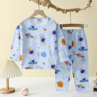 Kinder-Baby-Pyjama-Set aus reiner Baumwolle, klimatisierte Kleidung für Männer und Frauen, kleine und mittelgroße Kinder, A-Typ, langärmelige Frühlings- und Sommer-Hauskleidung  Blau