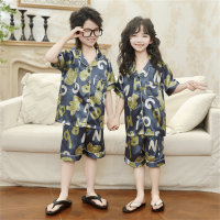 Children's pajamas set spring and summer short-sleeved shorts for boys and girls thin  Green
