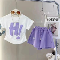 Girls suit 2023 new summer casual printed suit short-sleeved shorts fashionable children's clothing children's two-piece suit trendy  Purple