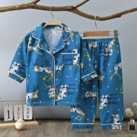 Pijamas de verano para el hogar para niños y niñas, nuevos pijamas finos de dos piezas, mangas tres cuartos y pantalones tres cuartos  Azul