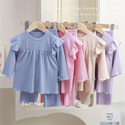 Girls long-sleeved striped pajamas home clothes summer suit student air-conditioning clothes