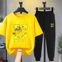 Women's fashionable round neck sportswear pure cotton loose medium and large children's clothing suit  Yellow