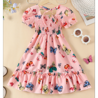 Girls summer dresses with printed stylish short-sleeved skirts for girls summer casual long skirts  Pink