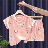 2024 New Ice Silk Pajamas Short Sleeve Shorts Satin Girls Boys Cartoon Summer Air Conditioning Home Clothes  Pink