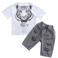 Boys' short-sleeved tiger suit, handsome thin two-piece set, trendy children's clothing for small and medium-sized children  White