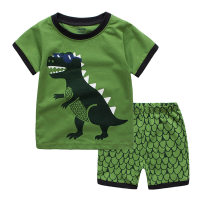 Conjunto de pijama infantil de manga curta com estampa de dinossauro de verão  Verde