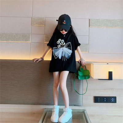 Girls summer design three-dimensional flower mesh bow short-sleeved T-shirt top trendy
