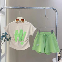Meninas terno 2023 novo verão casual impresso terno de manga curta shorts moda roupas infantis terno de duas peças na moda  Verde