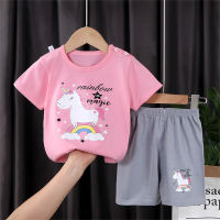 Camiseta de algodón puro para niñas, ropa de verano para niños, ropa para el hogar, conjunto de 2 piezas de algodón puro  Rosado