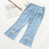 Novedad de verano, pantalones acampanados de algodón tencel de estilo, pantalones casuales de moda con lazo para niñas  Azul claro