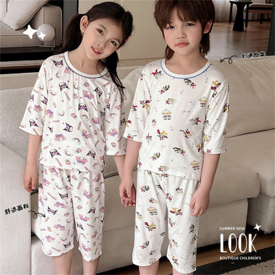 Kinder-Sommer-Schlafanzug-Anzüge für Jungen Cartoon-Modal-Hauskleidung für Mädchen Dreiviertelärmel Dreiviertelhose Klimaanlagenkleidung