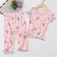 Ice silk pajamas, children's short-sleeved suits, baby home clothes, cute starry air-conditioned clothes  Pink