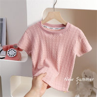 Summer children's round fashionable collar knitted T-shirt for girls solid color breathable hollow western style tops for boys casual thin  Pink