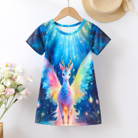 Fairy Deer Digitaldruck Lässiges Rundhals-Kurzarm-Kinderkleid  Blau