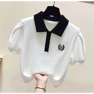 Girls college style summer new POLO shirt T-shirt for middle and older children short-sleeved puff-sleeved top