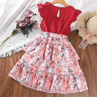 Summer new style girls' fashion flying sleeves butterfly print dress  Red