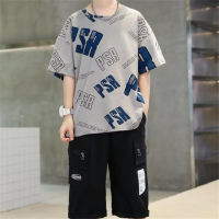 Children's clothing boys summer short-sleeved suits new style medium and large children's sports children's summer thin two-piece suits trendy  Gray