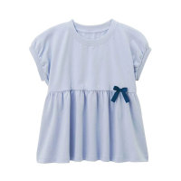 T-shirt d'été à manches courtes pour filles, jupe épissée légère décorée avec nœud  Bleu clair