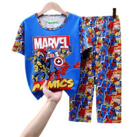 24 new children's pajamas boys and girls summer thin short-sleeved trousers boys children summer children air conditioning home  Blue