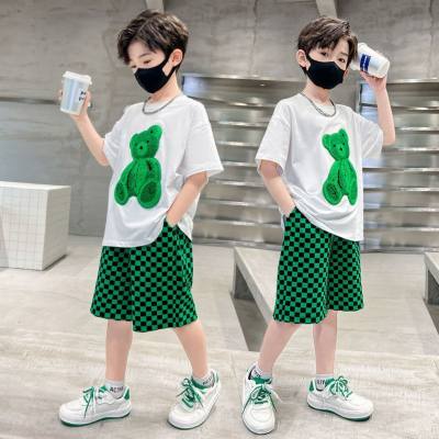 Boys summer sports suits for middle and older children cartoon bear T-shirt plaid shorts two-piece suit