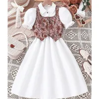Summer Girls Dress British National Style Floral Vest Puff Sleeves Mid-Length Children's A-Line Skirt  White