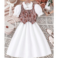 Summer Girls Dress British National Style Floral Vest Puff Sleeves Mid-Length Children's A-Line Skirt  White