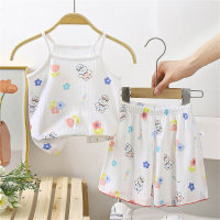 Children's suspender skirt suit summer girls cotton pajamas home clothes vest short skirt baby air conditioning clothes  White