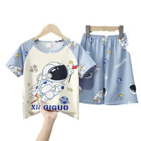24 years new children's pajamas for boys and girls, medium and large children's summer thin spring and summer cartoon children's home clothes short-sleeved  Light Blue